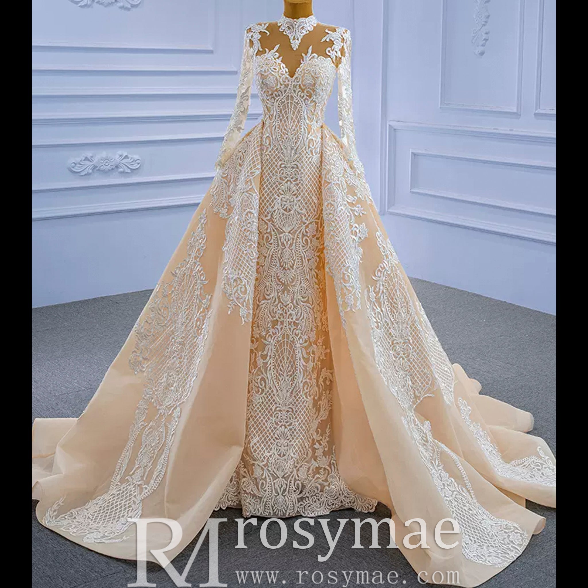 Mermaid Lace O-Neck Long Sleeve Wedding Dress With Detachable Train - Rosymae