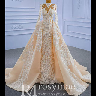 Mermaid Lace O-Neck Long Sleeve Wedding Dress With Detachable Train - Rosymae