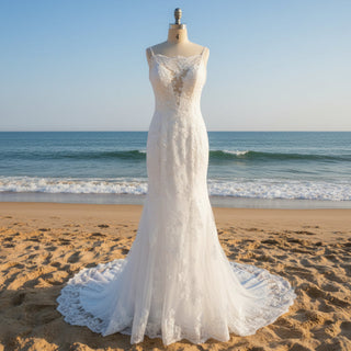 Lace Mermaid Wedding Dress with Beaded Spaghetti Straps & Sweetheart Neckline