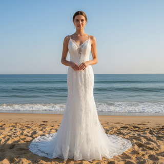 Lace Mermaid Wedding Dress with Beaded Spaghetti Straps & Sweetheart Neckline