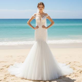 Tulle Lace Mermaid Trumpet Wedding Dress with Sheer Back