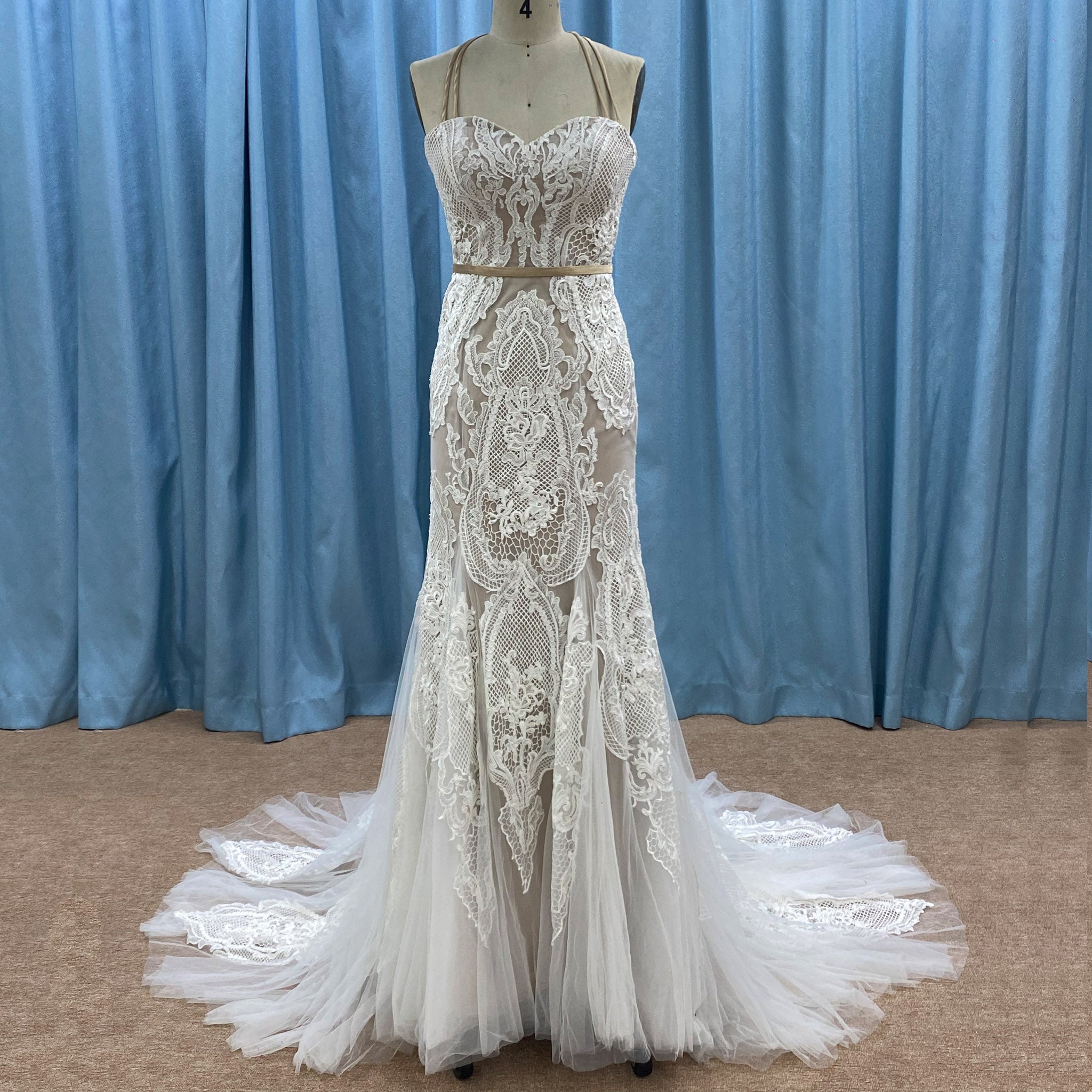 Romantic Halter Neck Fit and Flare Lace Wedding Dress with Sweetheart Neck White / 16W Romantic Halter Neck Fit and Flare Lace Wedding Dress with Sweetheart Neck White / 16W