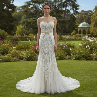 Romantic Halter Neck Fit and Flare Lace Wedding Dress with Sweetheart Neck