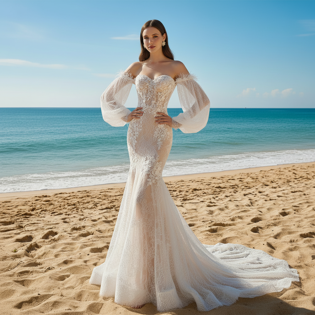 Elegant Lace Mermaid Wedding Dress with Lanter Long Sleeve Ivory+Champagne / 24W Elegant Lace Mermaid Wedding Dress with Lanter Long Sleeve Ivory+Champagne / 24W