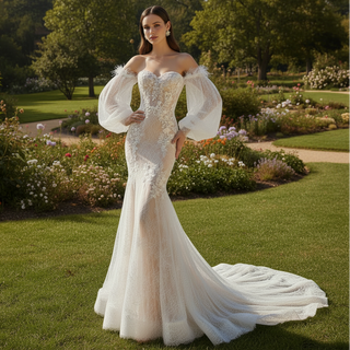 Elegant Lace Mermaid Wedding Dress with Lanter Long Sleeve