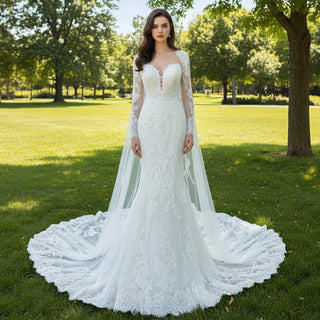 Mermaid Lace Wedding Dress with Long Sleeve Cape - Rosymae