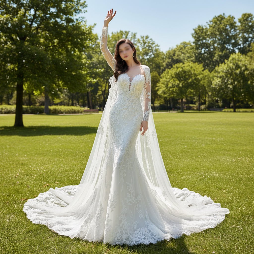 Mermaid Lace Wedding Dress with Long Sleeve Cape - Rosymae