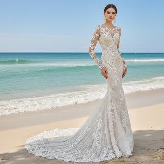 Elegant Mermaid Lace Wedding Dresses with Sheer Long Sleeves