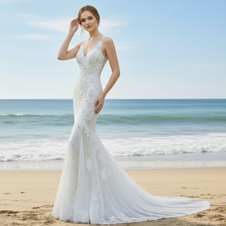 Fit and Flare Lace Overlay Wedding Dress with Vneck