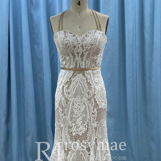 Romantic Halter Neck Fit and Flare Lace Wedding Dress with Sweetheart Neck