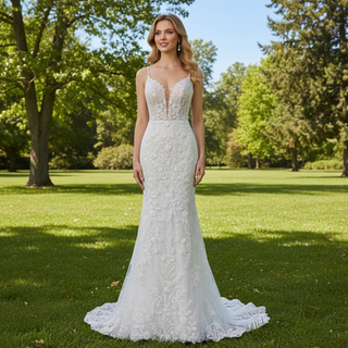 Elegant Spaghetti Straps Lace Mermaid Wedding Dresses Long Train