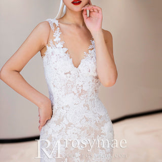 Fit and Flare Lace Overlay Wedding Dress with Vneck