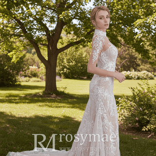 Mermaid Mesh Bodice Chapel Train Tulle Lace Wedding Dress - Rosymae