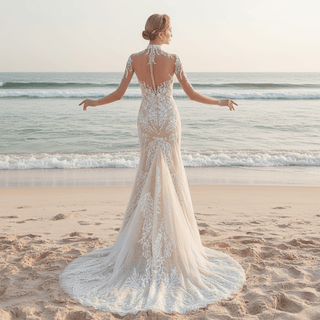 Mermaid Mesh Bodice Chapel Train Tulle Lace Wedding Dress - Rosymae