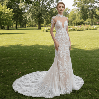 Mermaid Mesh Bodice Chapel Train Tulle Lace Wedding Dress - Rosymae