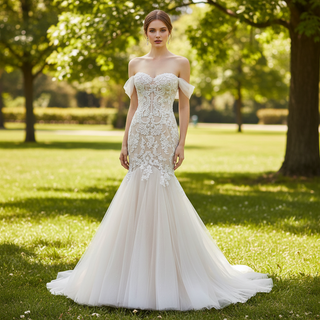 Off the Shoulder Champagne Floral Lace Mermaid Wedding Dresses