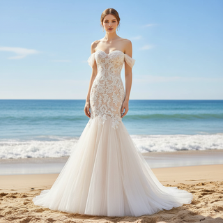 Off the Shoulder Champagne Floral Lace Mermaid Wedding Dresses