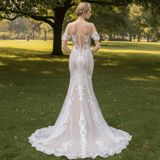 Mermaid Off The Shoulder Lace Wedding Dresses with Court Train - Rosymae