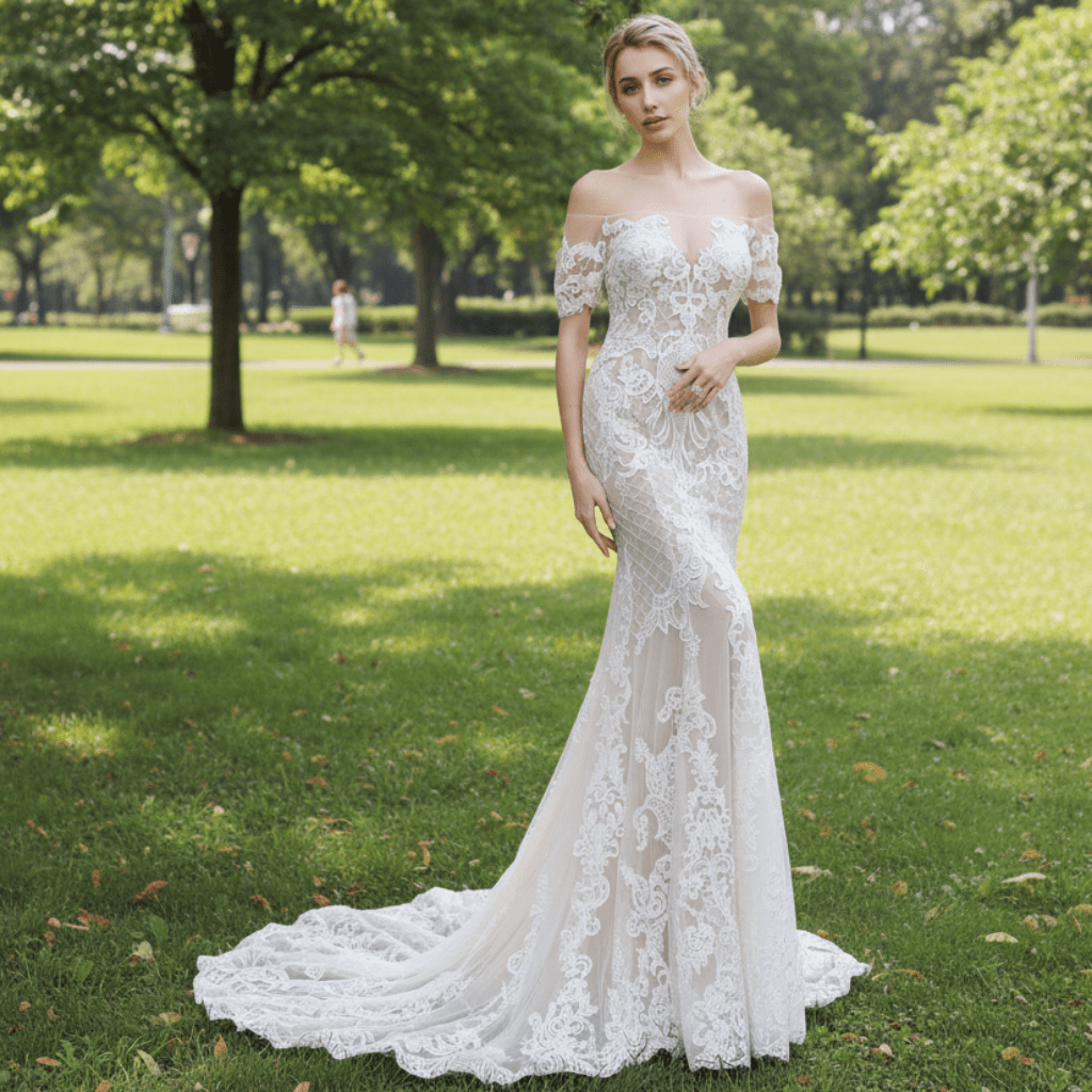 Mermaid Off The Shoulder Lace Wedding Dresses with Court Train - Rosymae