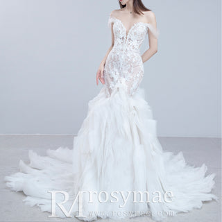 Floral Lace Long Sleeve Mermaid Wedding Dress with Detachable Skirt