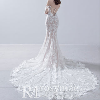 Floral Lace Long Sleeve Mermaid Wedding Dress with Detachable Skirt