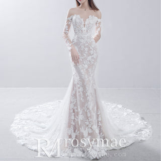 Floral Lace Long Sleeve Mermaid Wedding Dress with Detachable Skirt
