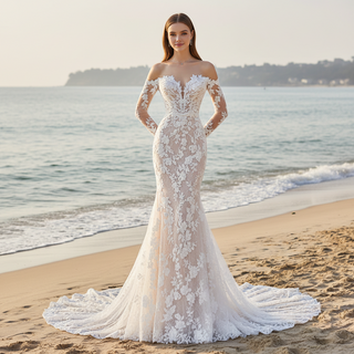 Floral Lace Long Sleeve Mermaid Wedding Dress with Detachable Skirt