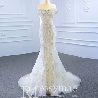 Mermaid Off the Shoulder Wedding Dress With Detachable Train - Rosymae