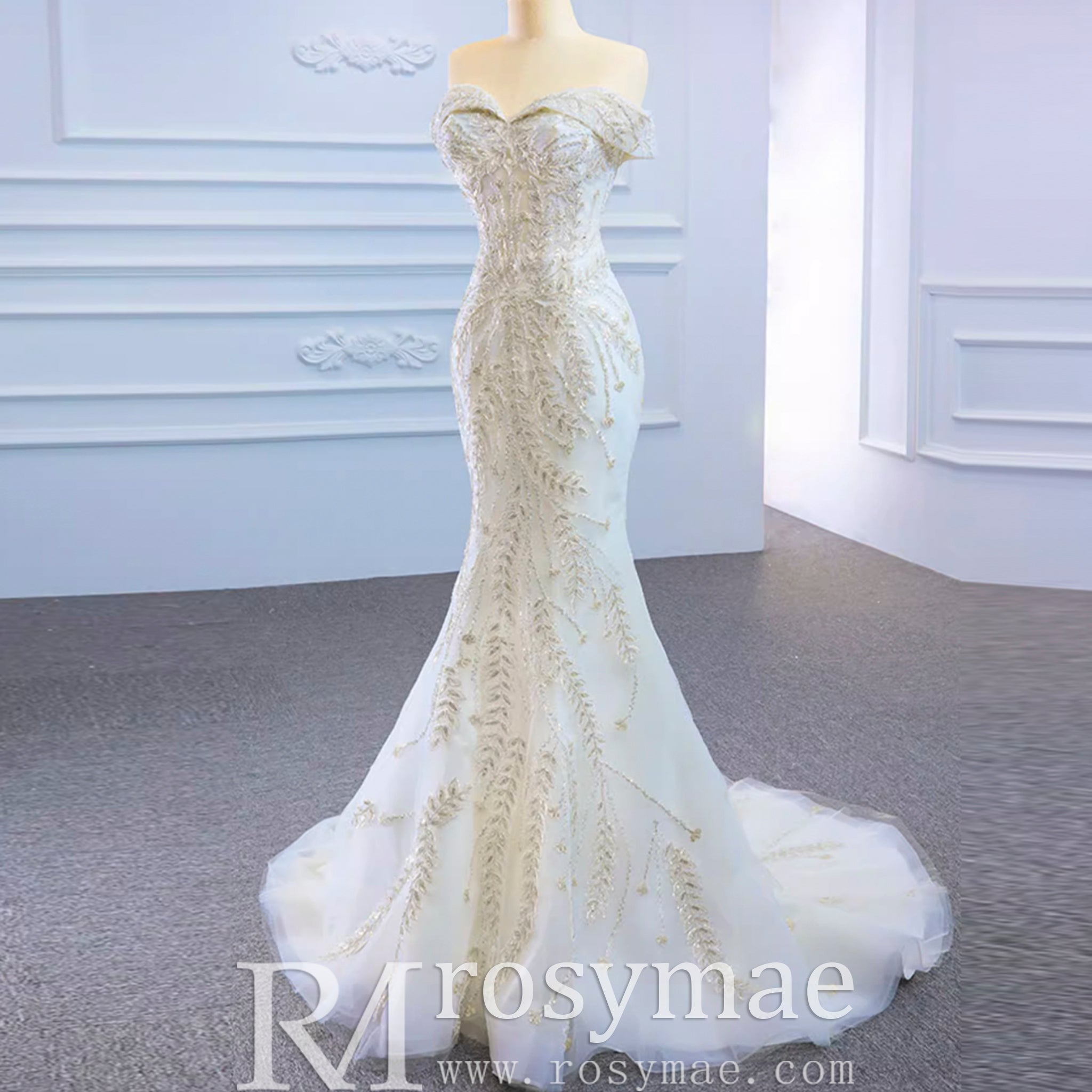 Mermaid Off the Shoulder Wedding Dress With Detachable Train - Rosymae
