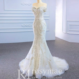 Mermaid Off the Shoulder Wedding Dress With Detachable Train - Rosymae