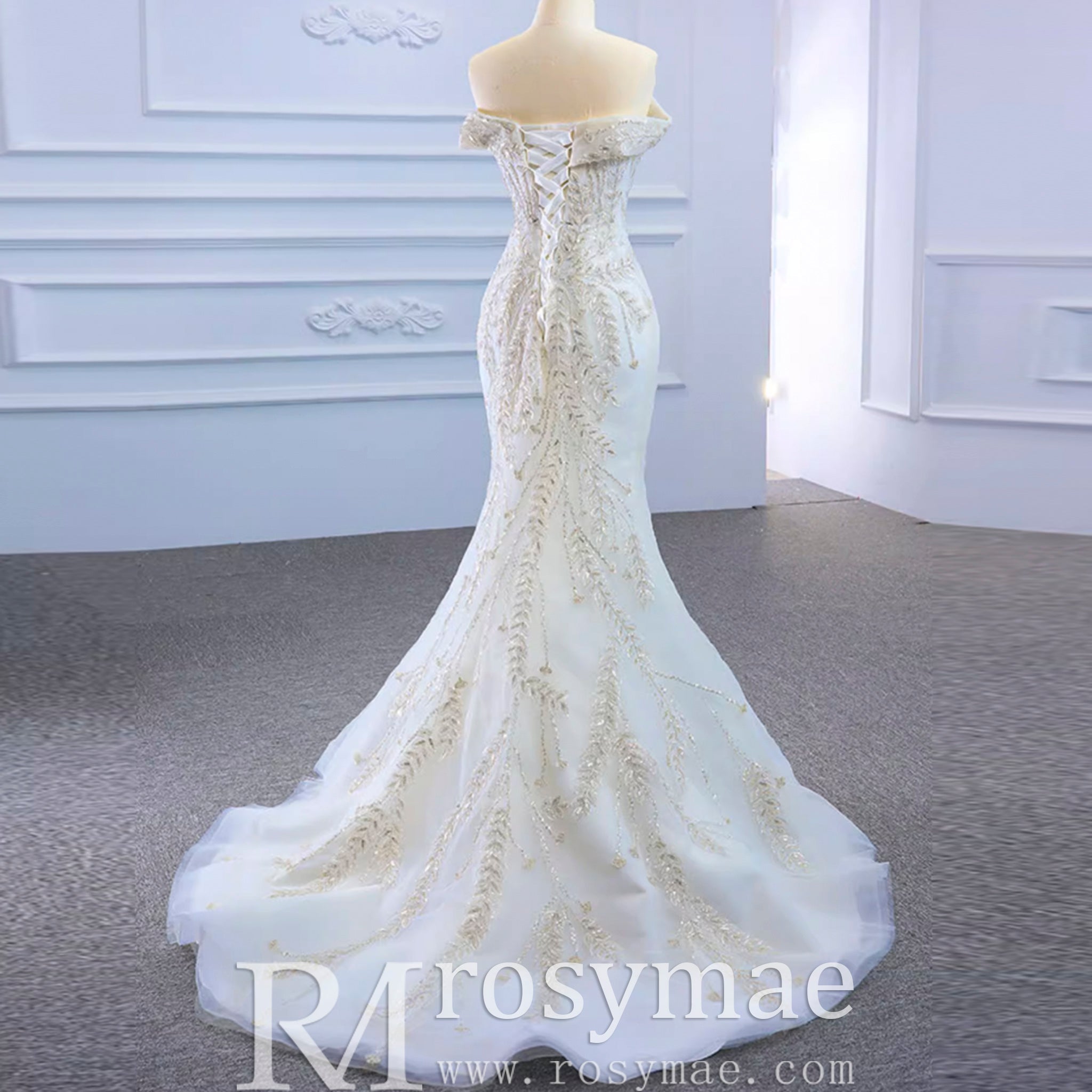 Mermaid Off the Shoulder Wedding Dress With Detachable Train - Rosymae