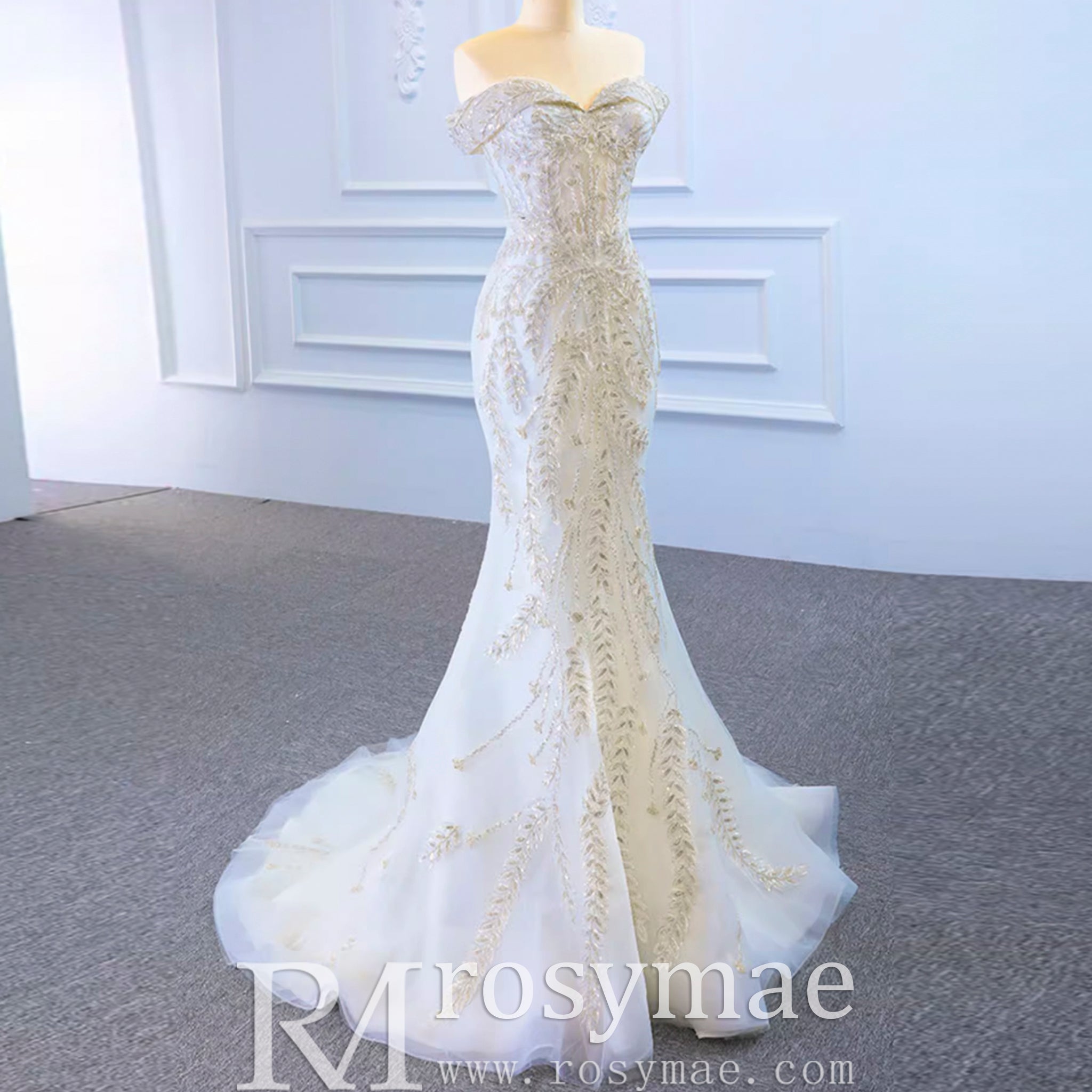 Mermaid Off the Shoulder Wedding Dress With Detachable Train - Rosymae