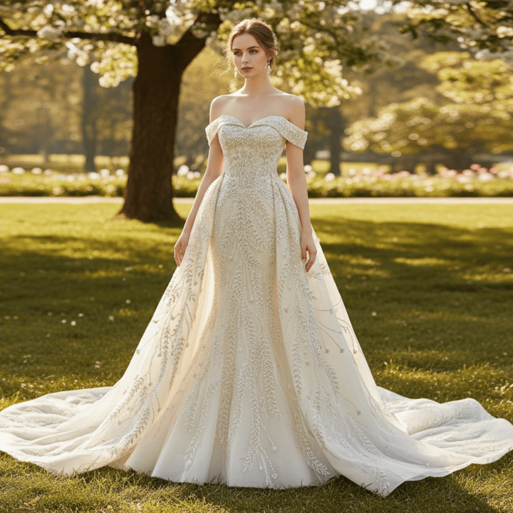 Mermaid Off the Shoulder Wedding Dress With Detachable Train - Rosymae