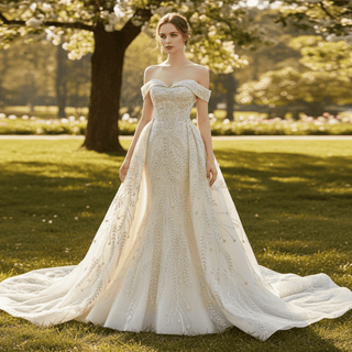 Mermaid Off the Shoulder Wedding Dress With Detachable Train - Rosymae