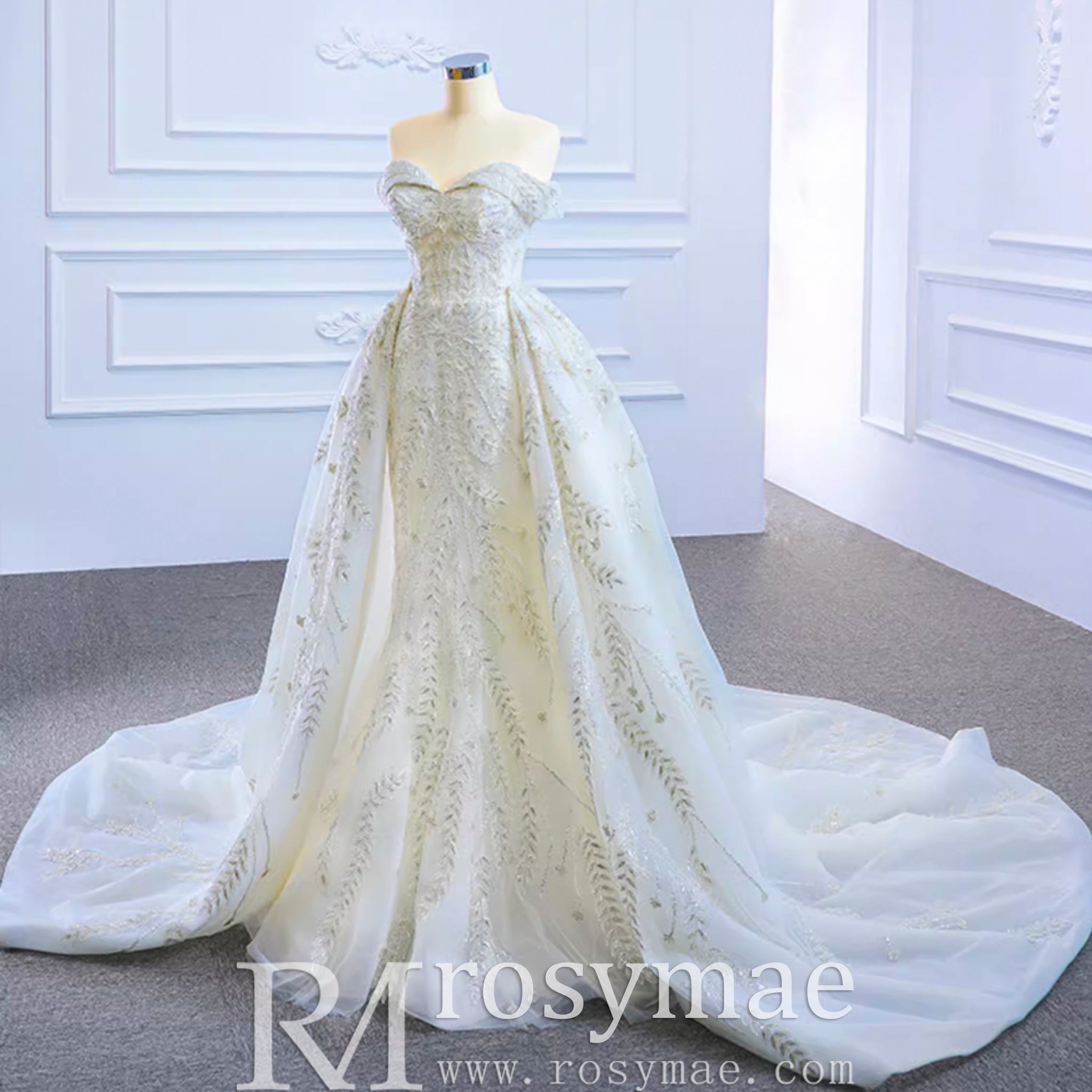 Mermaid Off the Shoulder Wedding Dress With Detachable Train - Rosymae