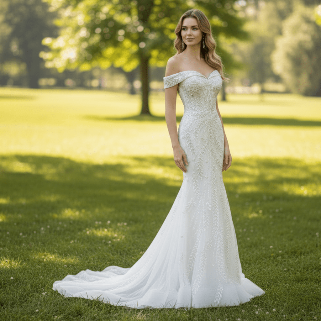 Mermaid Off the Shoulder Wedding Dress With Detachable Train - Rosymae