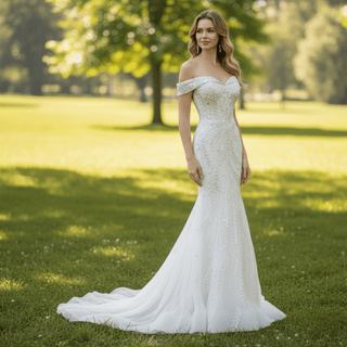 Mermaid Off the Shoulder Wedding Dress With Detachable Train - Rosymae