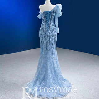 Mermaid One Shoulder Blue Prom Dress Sparkly Sequins Pageant Gown - Rosymae