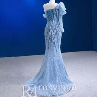 Mermaid One Shoulder Blue Prom Dress Sparkly Sequins Pageant Gown - Rosymae