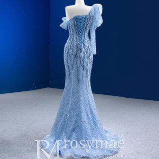 Mermaid One Shoulder Blue Prom Dress Sparkly Sequins Pageant Gown - Rosymae