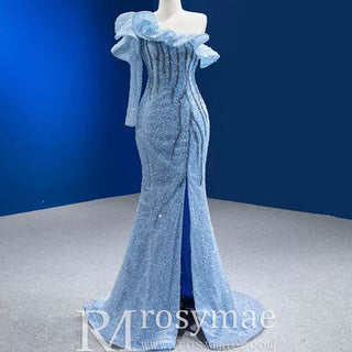 Mermaid One Shoulder Blue Prom Dress Sparkly Sequins Pageant Gown - Rosymae