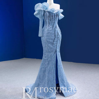 Mermaid One Shoulder Blue Prom Dress Sparkly Sequins Pageant Gown - Rosymae
