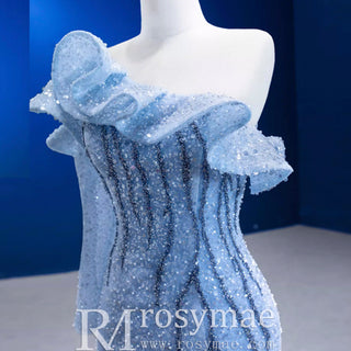 Mermaid One Shoulder Blue Prom Dress Sparkly Sequins Pageant Gown - Rosymae