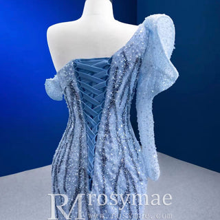 Mermaid One Shoulder Blue Prom Dress Sparkly Sequins Pageant Gown - Rosymae