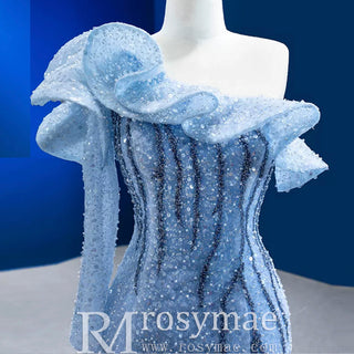 Mermaid One Shoulder Blue Prom Dress Sparkly Sequins Pageant Gown - Rosymae