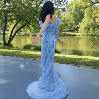 Mermaid One Shoulder Blue Prom Dress Sparkly Sequins Pageant Gown - Rosymae