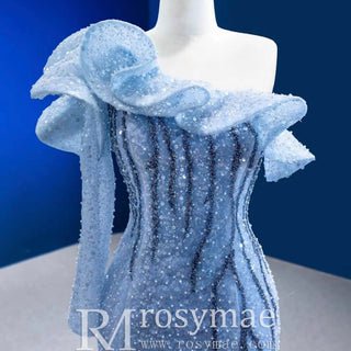 Mermaid One Shoulder Blue Prom Dress Sparkly Sequins Pageant Gown - Rosymae
