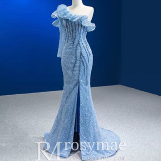 Mermaid One Shoulder Blue Prom Dress Sparkly Sequins Pageant Gown - Rosymae