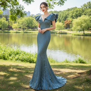 Mermaid Pageant Dress Beaded V-neck Formal Dress Prom Gown - Rosymae