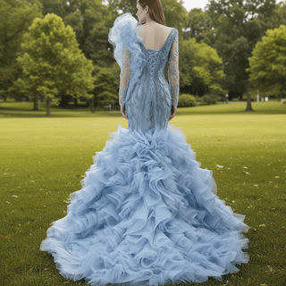 Mermaid Pageant Dress Long Sleeve Ruffled Evening Prom Dresses - Rosymae